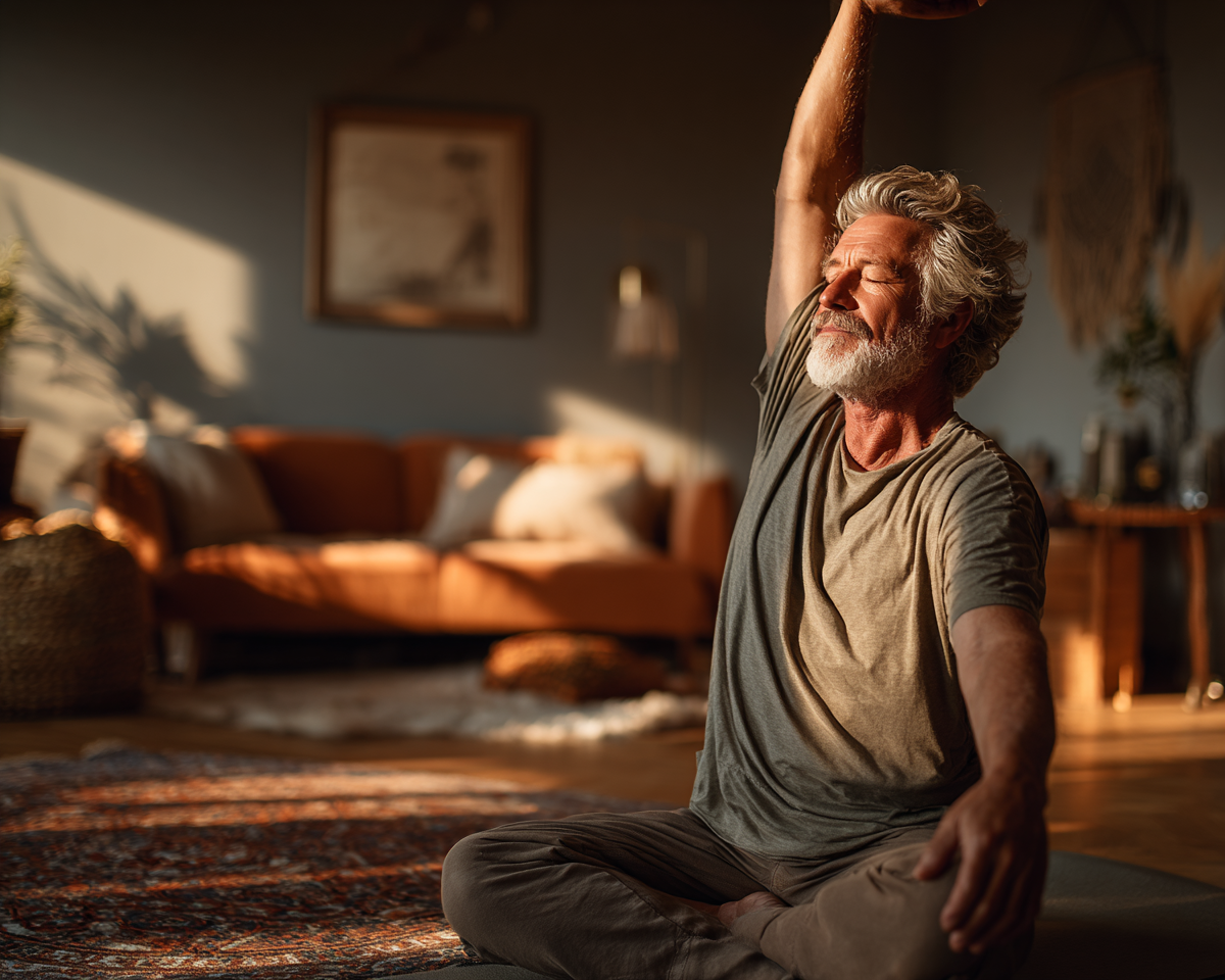 Старші люди займаються йогою в затишній студії